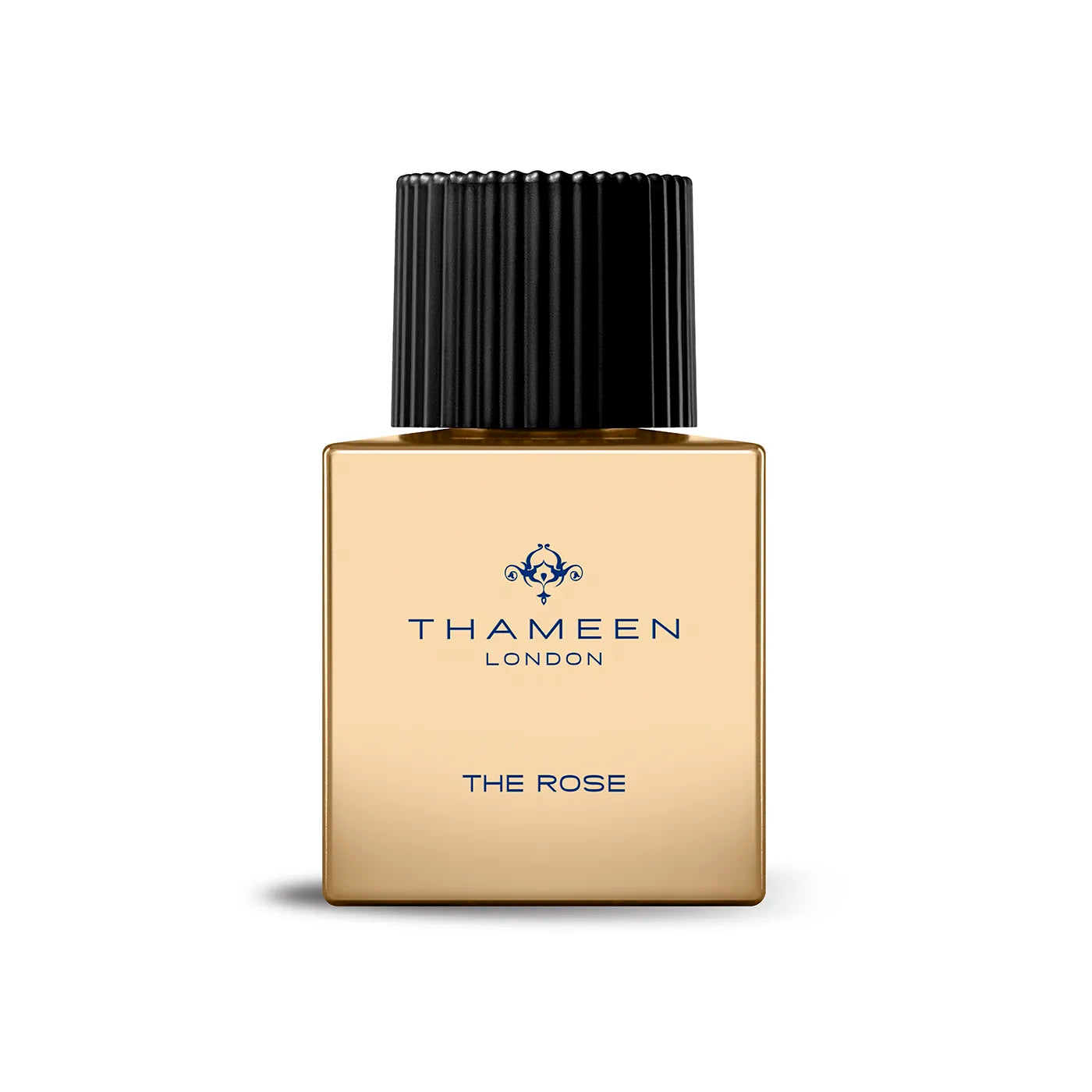 A bottle of Thameen London 'The Rose' perfume with a gold color and a black cap.