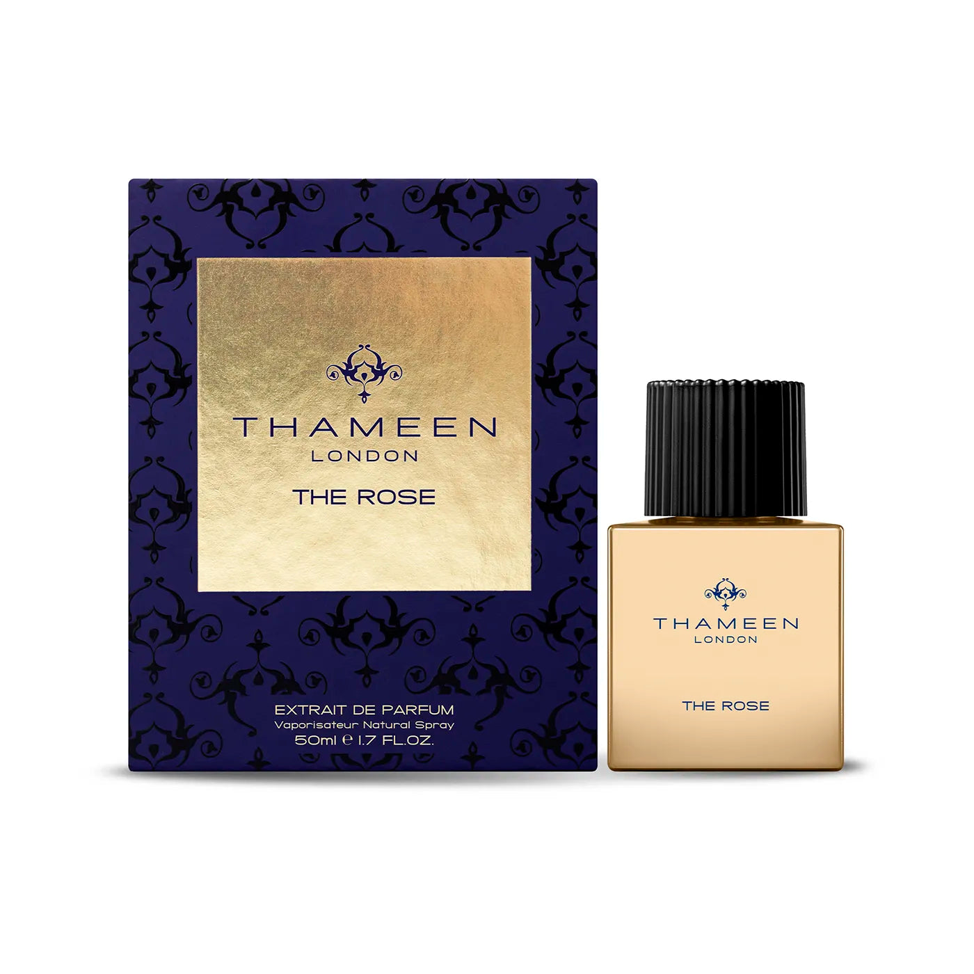 A Thameen London branded box next to a gold bottle of fragrance